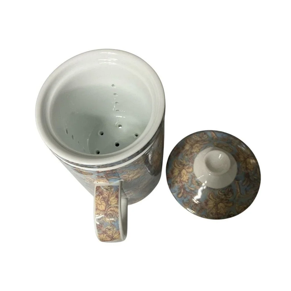 World Market Blue Floral Ceramic Tea Mug Infuser Lid Dishwasher Safe